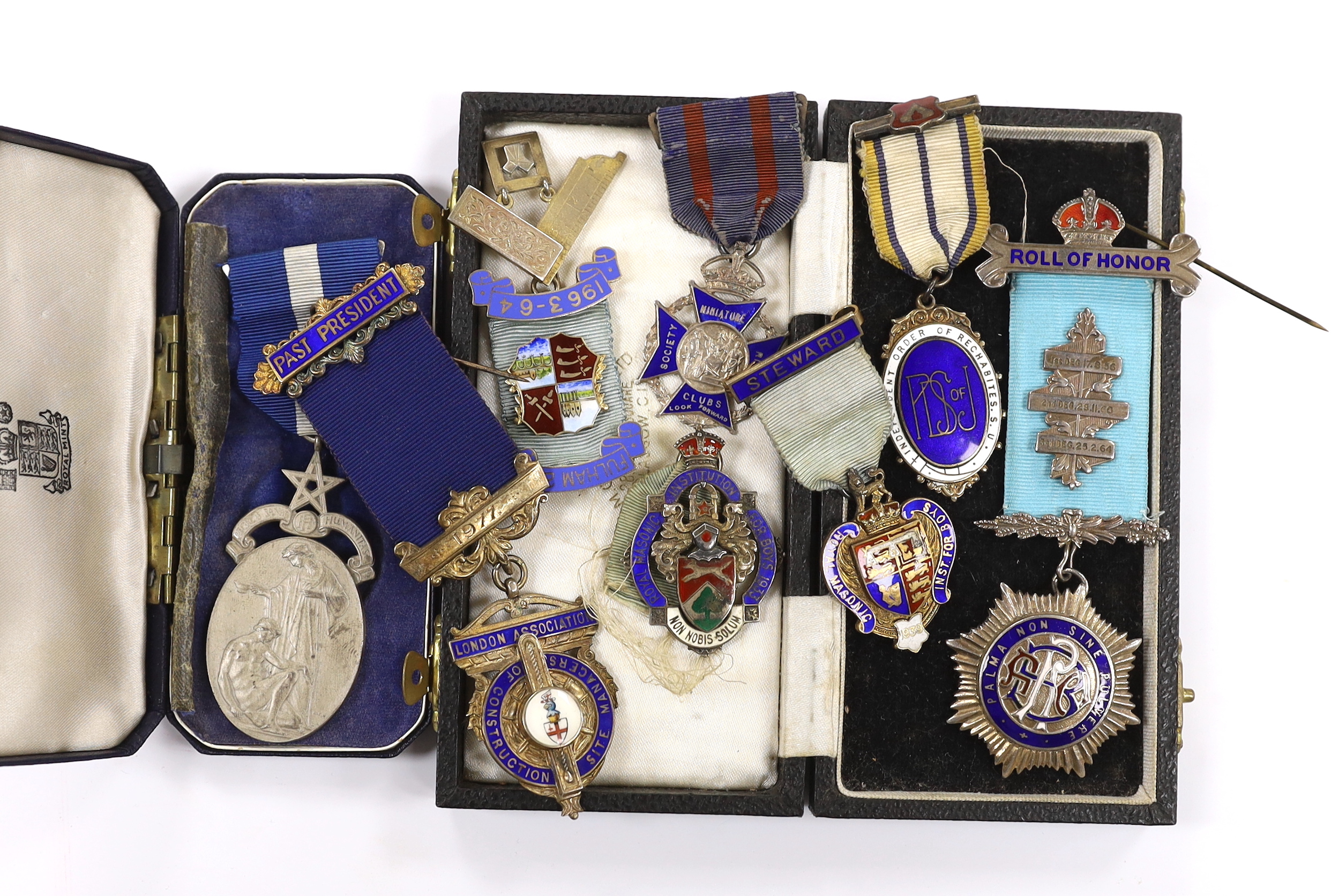 Eight silver and enamel Masonic medals 1930s-1970s, all with silver hallmarks, including; a past president medal, a Fulham lodge medal, a Rifle club medal, a Steward’s medal, an Independent Order of Rechabites S.U., etc.